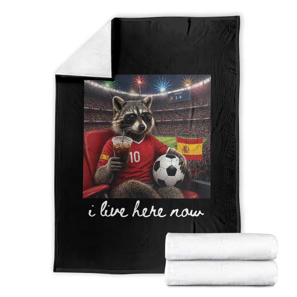 Espana Spain Soccer Football Fan Spanish Flag Throw Blanket Funny Raccoon I Live Here Now