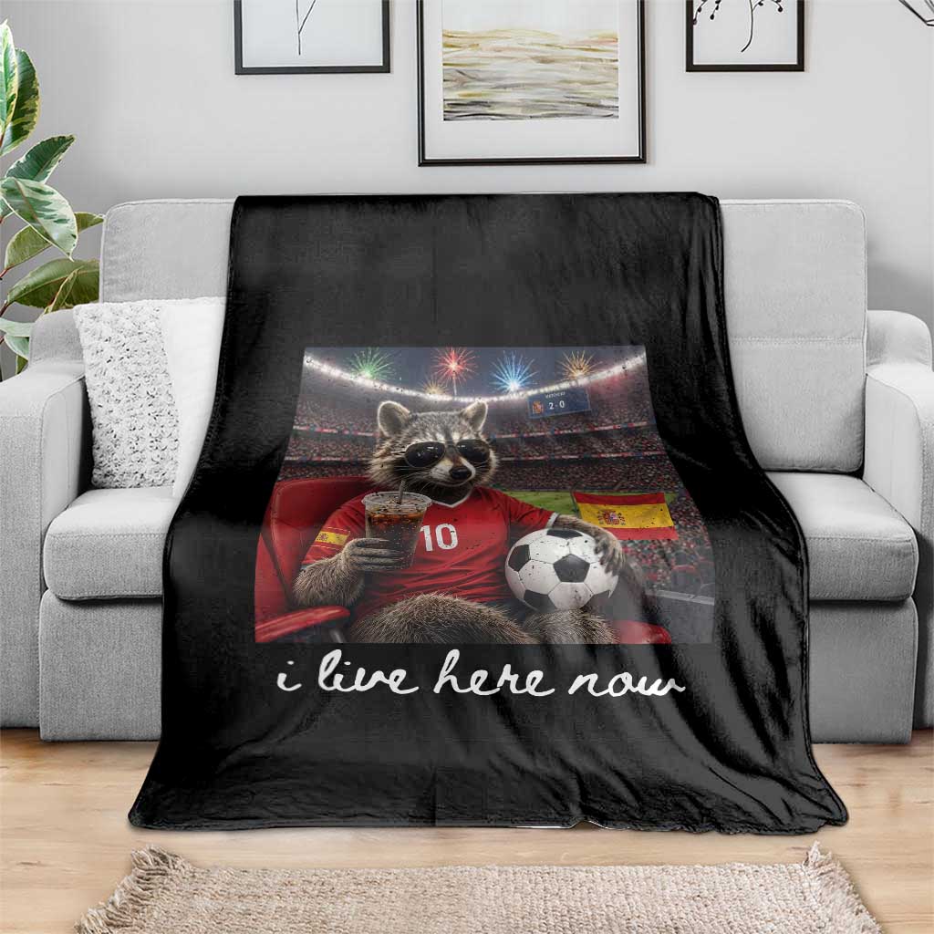 Espana Spain Soccer Football Fan Spanish Flag Throw Blanket Funny Raccoon I Live Here Now