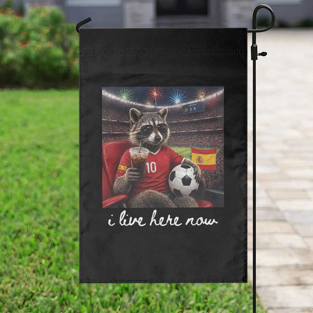 Espana Spain Soccer Football Fan Spanish Flag Garden Flag Funny Raccoon I Live Here Now
