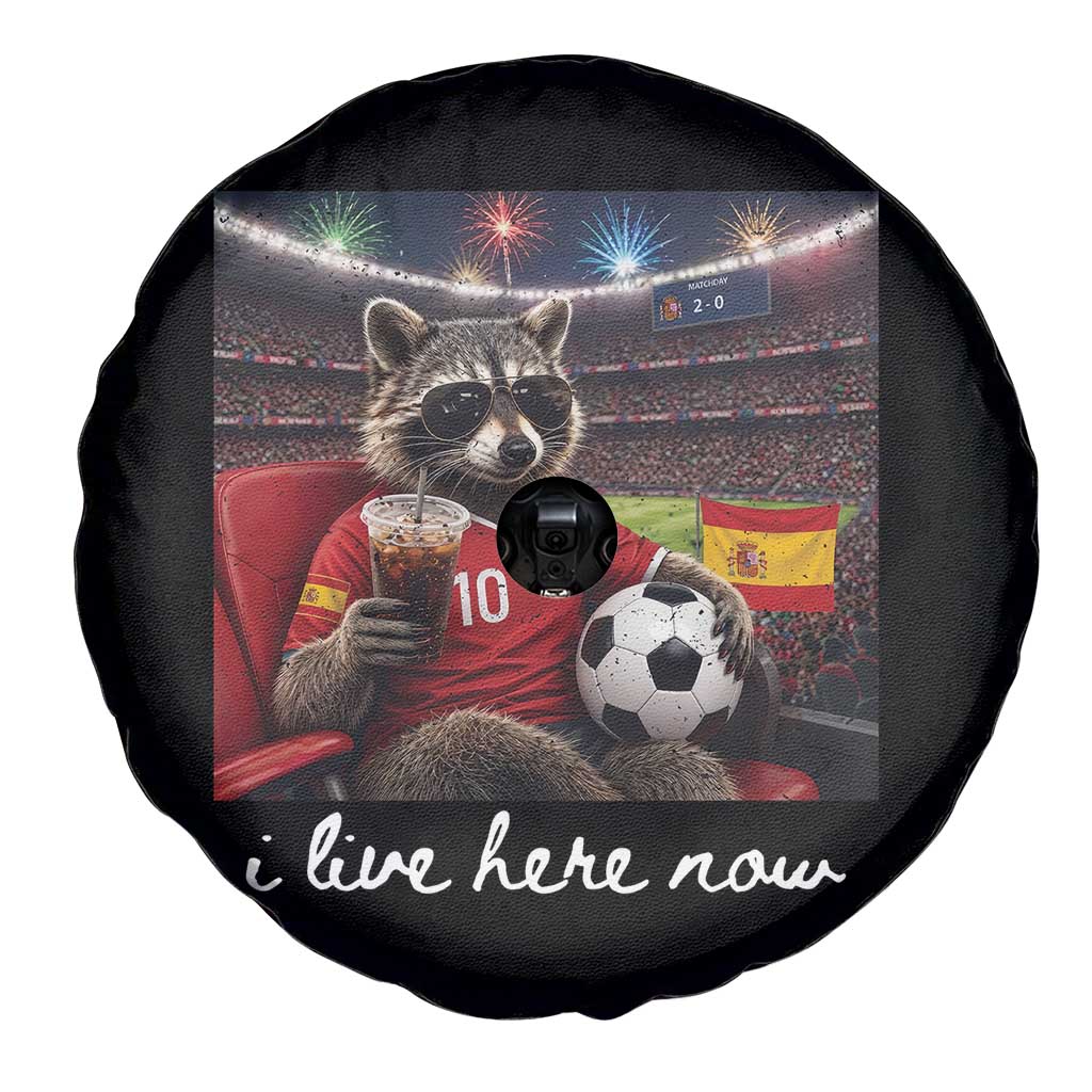 Espana Spain Soccer Football Fan Spanish Flag Spare Tire Cover Funny Raccoon I Live Here Now