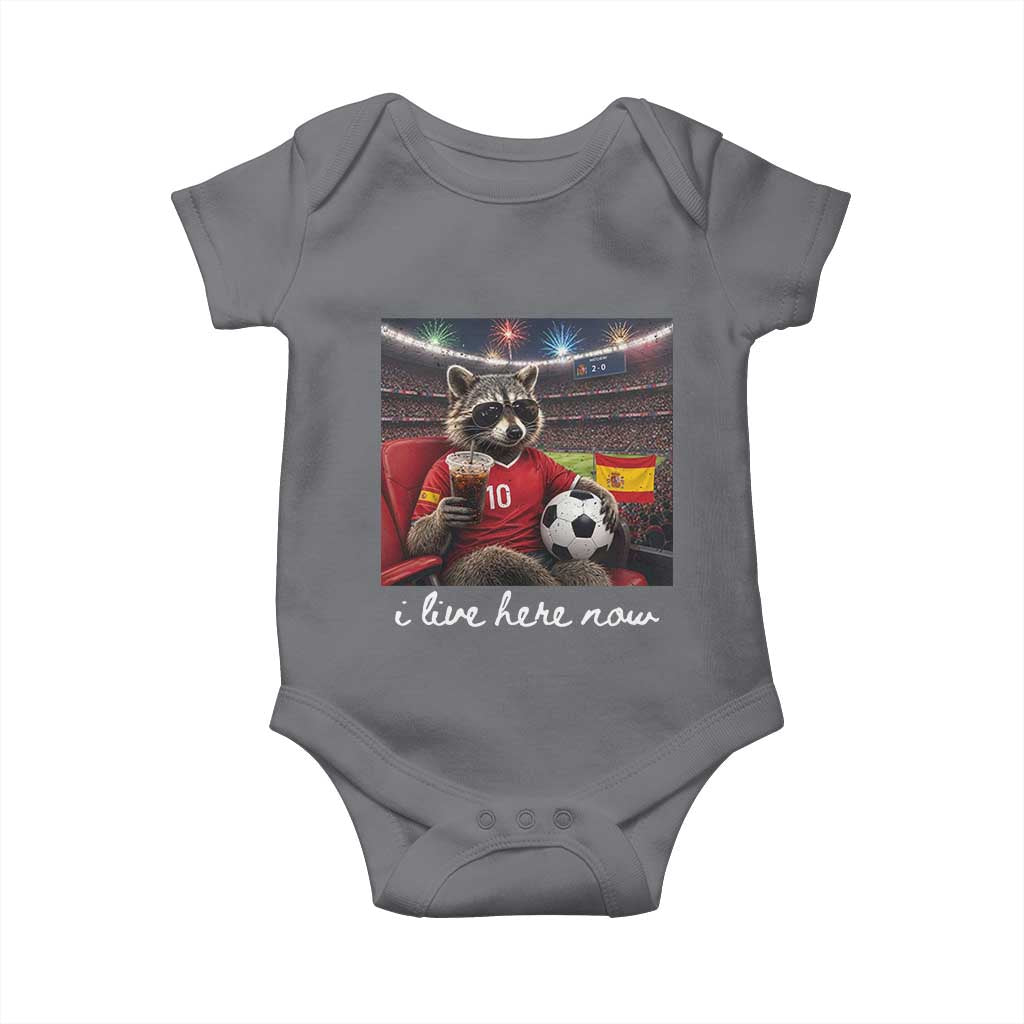 Espana Spain Soccer Football Fan Spanish Flag Baby Onesie Funny Raccoon I Live Here Now