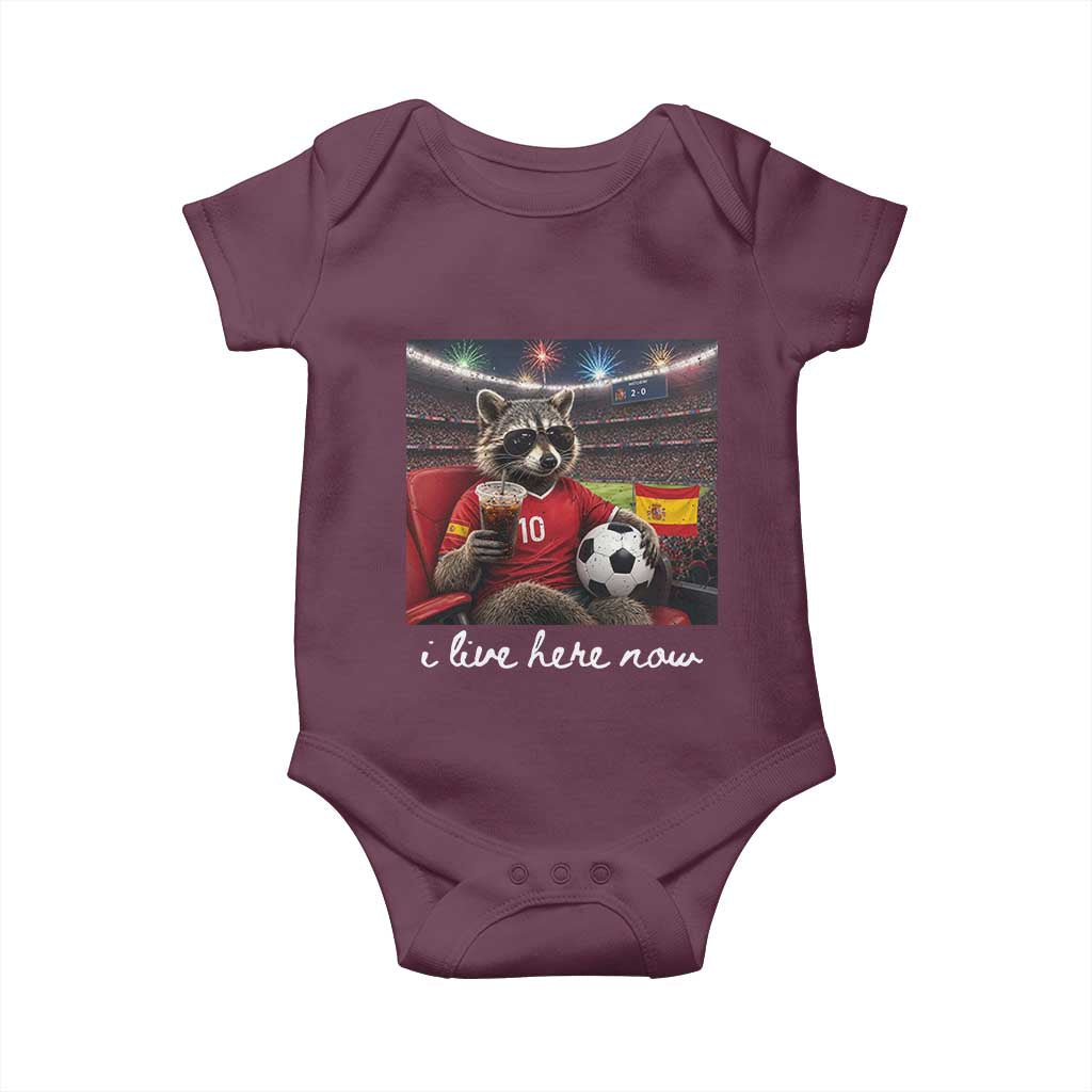 Espana Spain Soccer Football Fan Spanish Flag Baby Onesie Funny Raccoon I Live Here Now