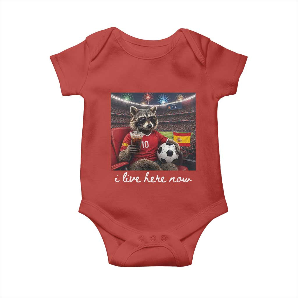 Espana Spain Soccer Football Fan Spanish Flag Baby Onesie Funny Raccoon I Live Here Now