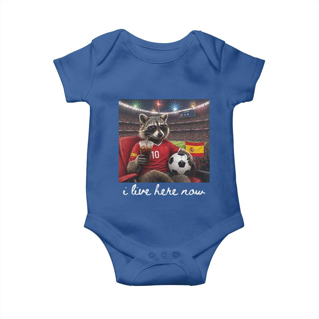 Espana Spain Soccer Football Fan Spanish Flag Baby Onesie Funny Raccoon I Live Here Now