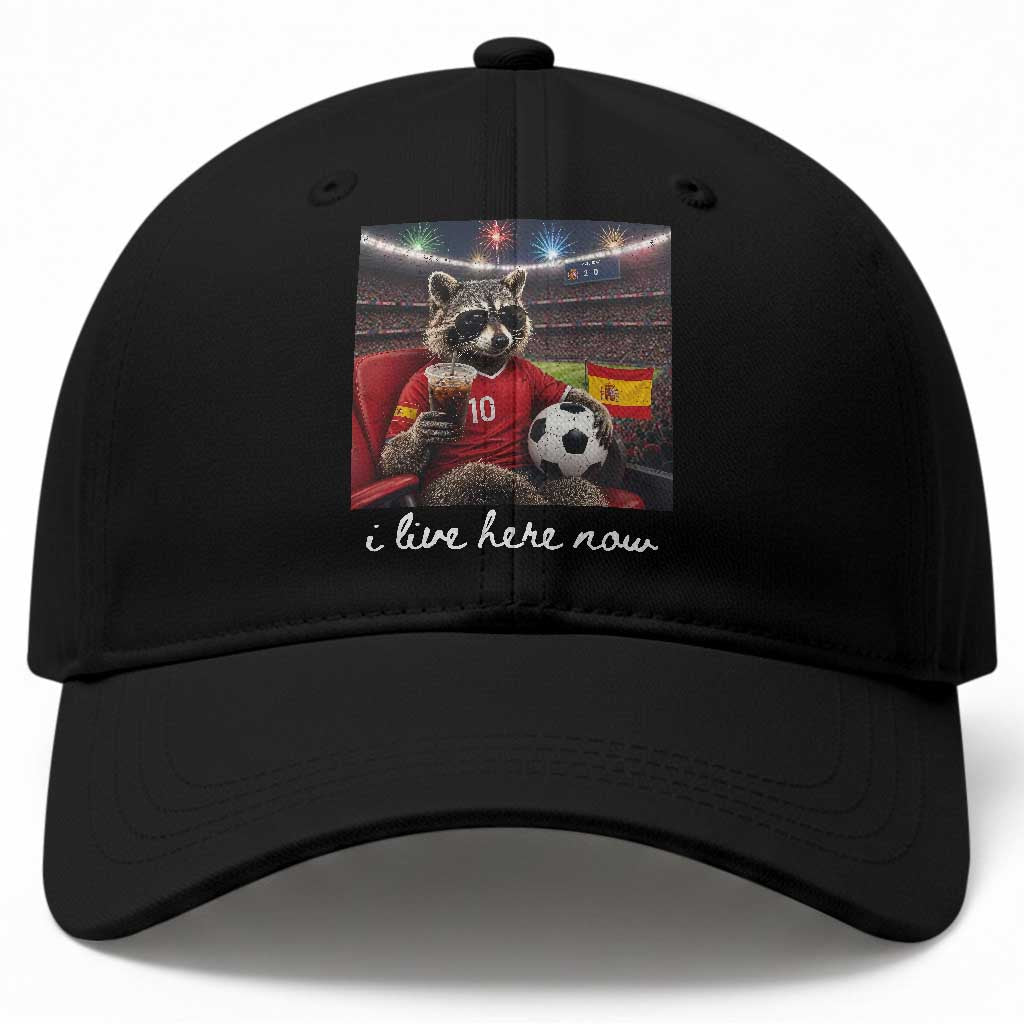 Espana Spain Soccer Football Fan Spanish Flag Baseball Cap Funny Raccoon I Live Here Now