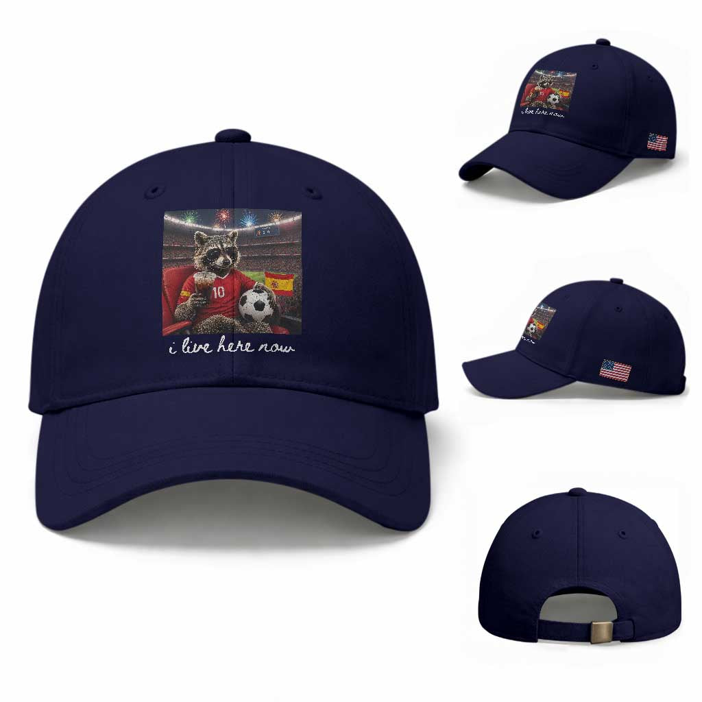 Espana Spain Soccer Football Fan Spanish Flag Baseball Cap Funny Raccoon I Live Here Now