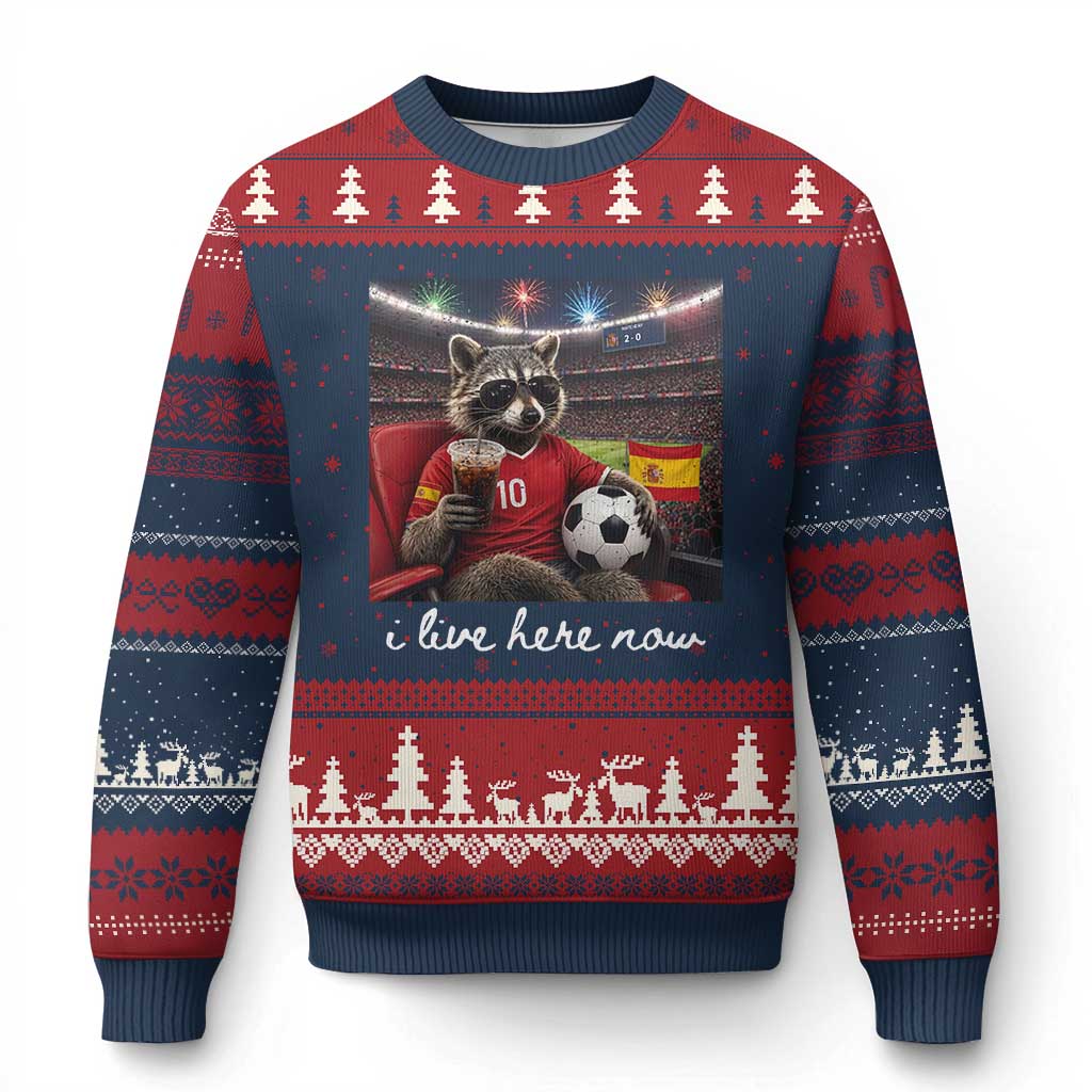 Espana Spain Soccer Football Fan Spanish Flag Ugly Christmas Sweater Funny Raccoon I Live Here Now