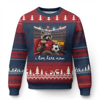 Espana Spain Soccer Football Fan Spanish Flag Ugly Christmas Sweater Funny Raccoon I Live Here Now
