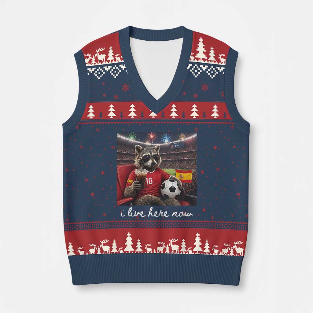 Espana Spain Soccer Football Fan Spanish Flag V-Neck Knit Sweater Vest Funny Raccoon I Live Here Now