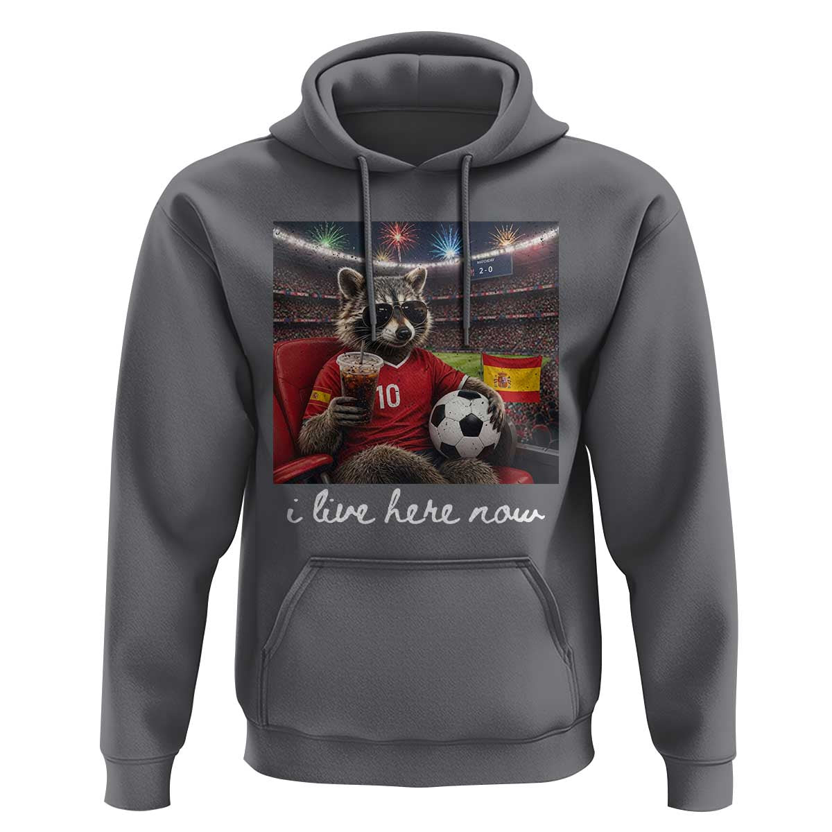Espana Spain Soccer Football Fan Spanish Flag Hoodie Funny Raccoon I Live Here Now