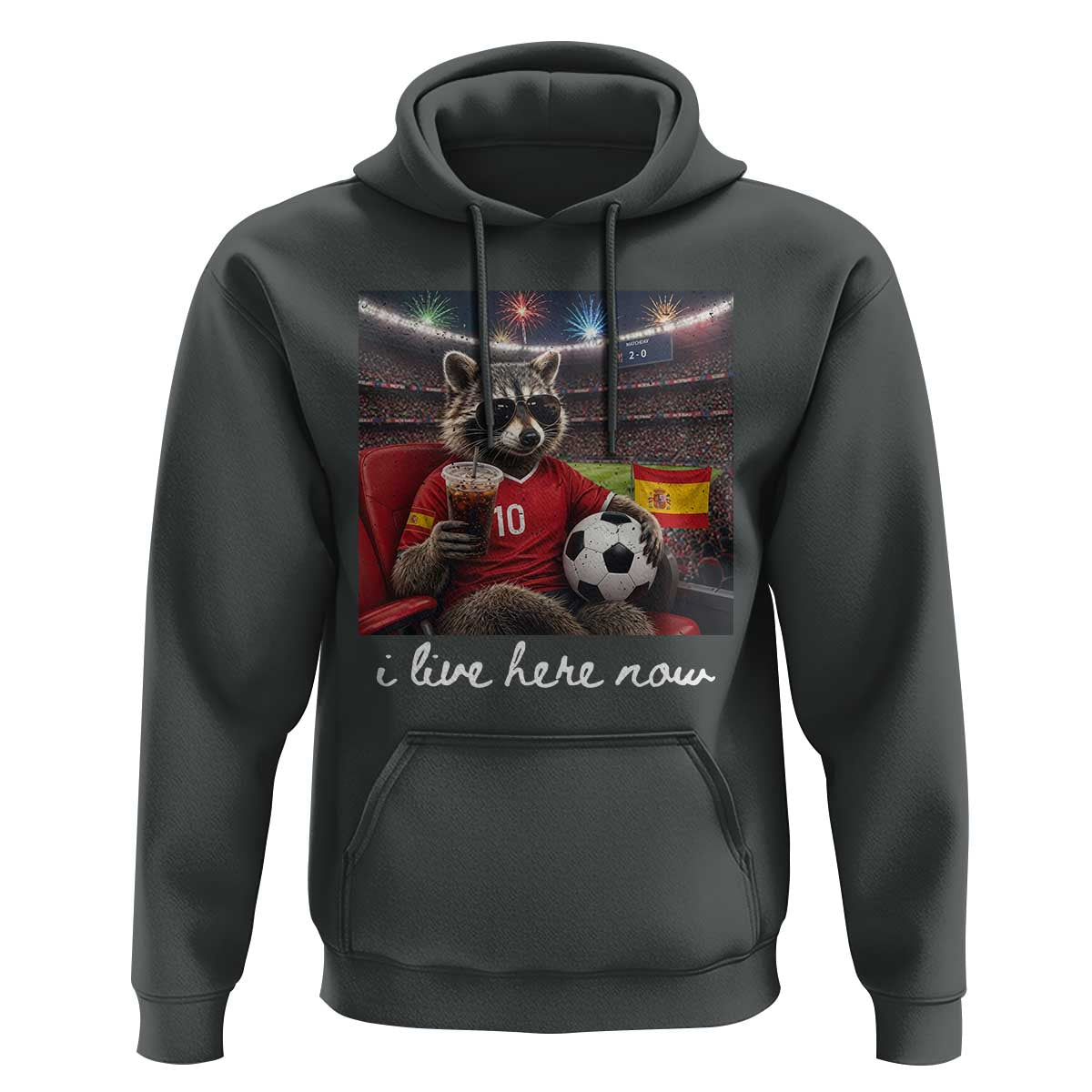 Espana Spain Soccer Football Fan Spanish Flag Hoodie Funny Raccoon I Live Here Now