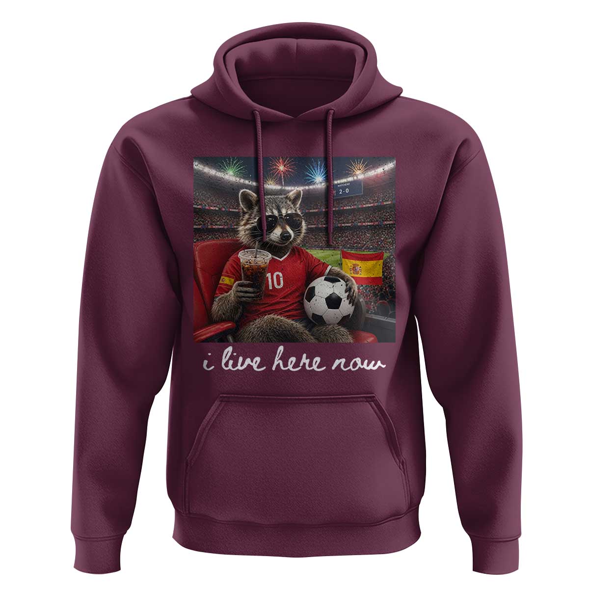 Espana Spain Soccer Football Fan Spanish Flag Hoodie Funny Raccoon I Live Here Now