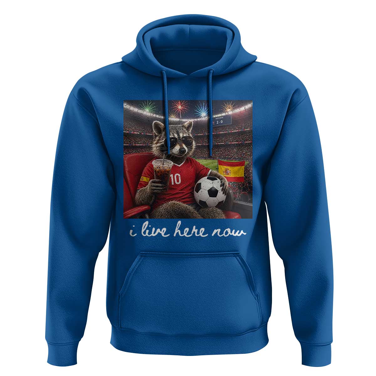 Espana Spain Soccer Football Fan Spanish Flag Hoodie Funny Raccoon I Live Here Now