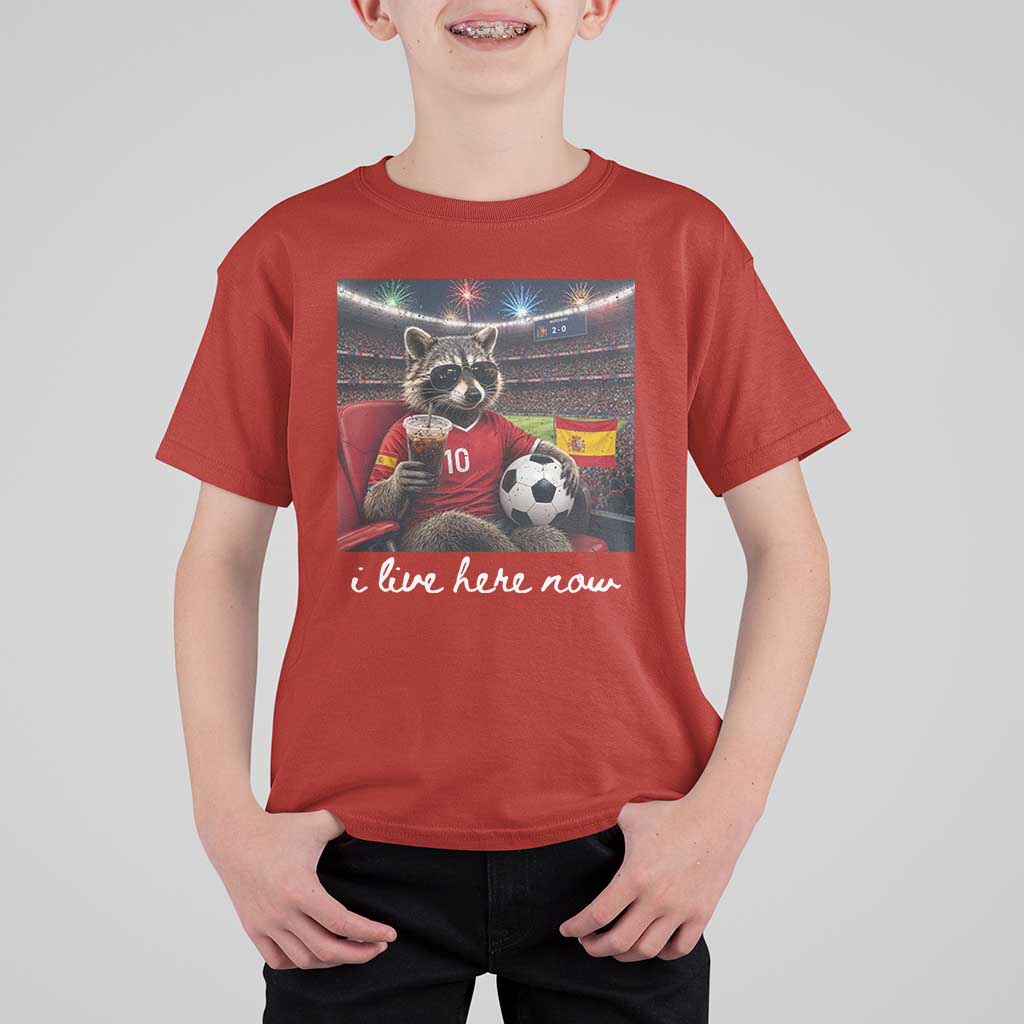 Espana Spain Soccer Football Fan Spanish Flag T Shirt For Kid Funny Raccoon I Live Here Now