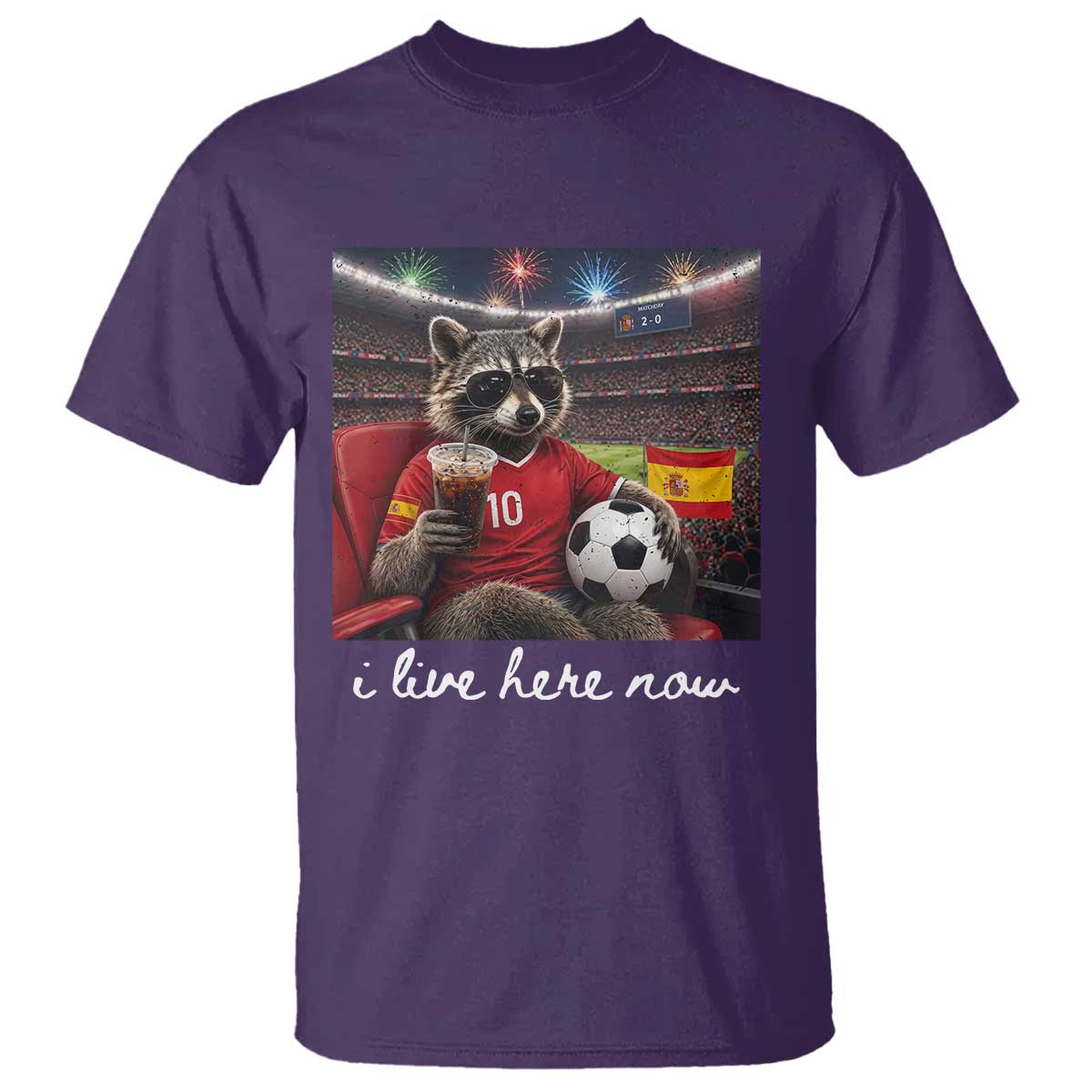 Espana Spain Soccer Football Fan Spanish Flag T Shirt Funny Raccoon I Live Here Now