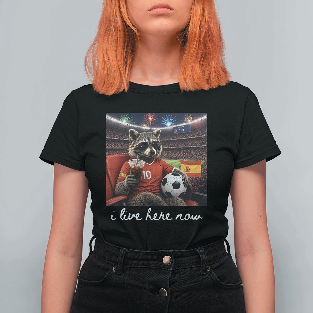 Espana Spain Soccer Football Fan Spanish Flag T Shirt For Women Funny Raccoon I Live Here Now