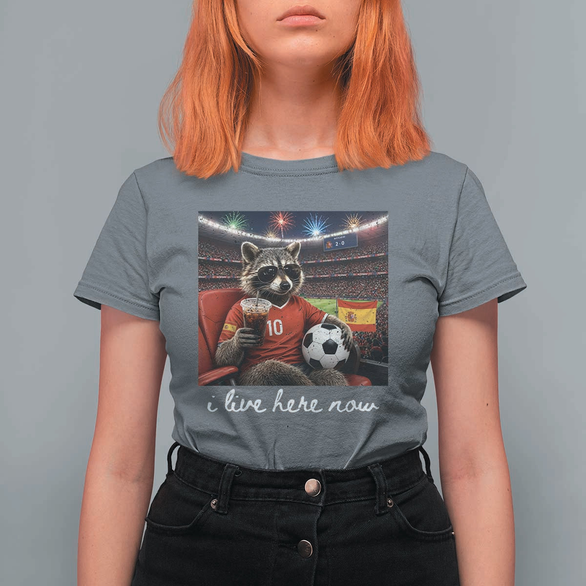 Espana Spain Soccer Football Fan Spanish Flag T Shirt For Women Funny Raccoon I Live Here Now