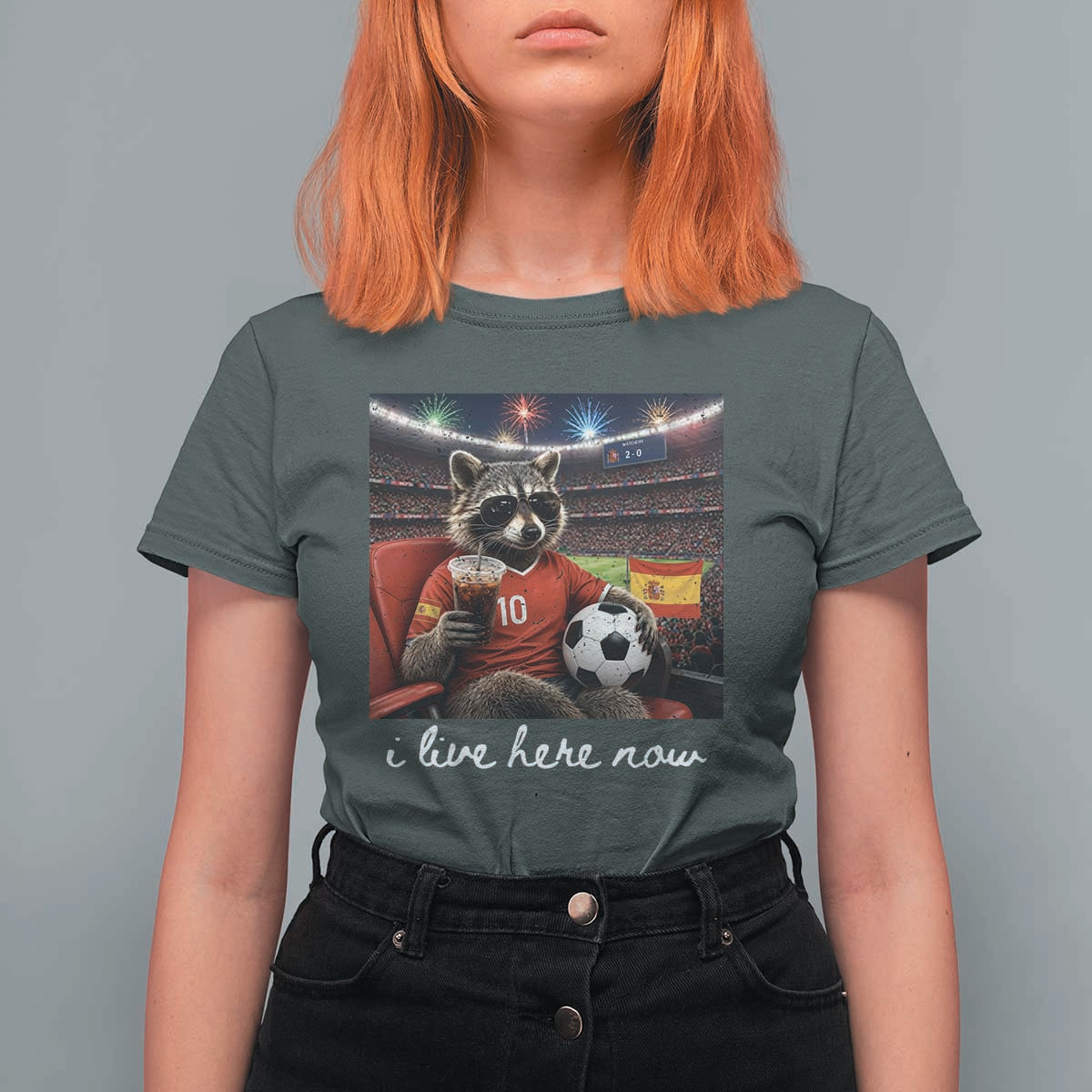 Espana Spain Soccer Football Fan Spanish Flag T Shirt For Women Funny Raccoon I Live Here Now