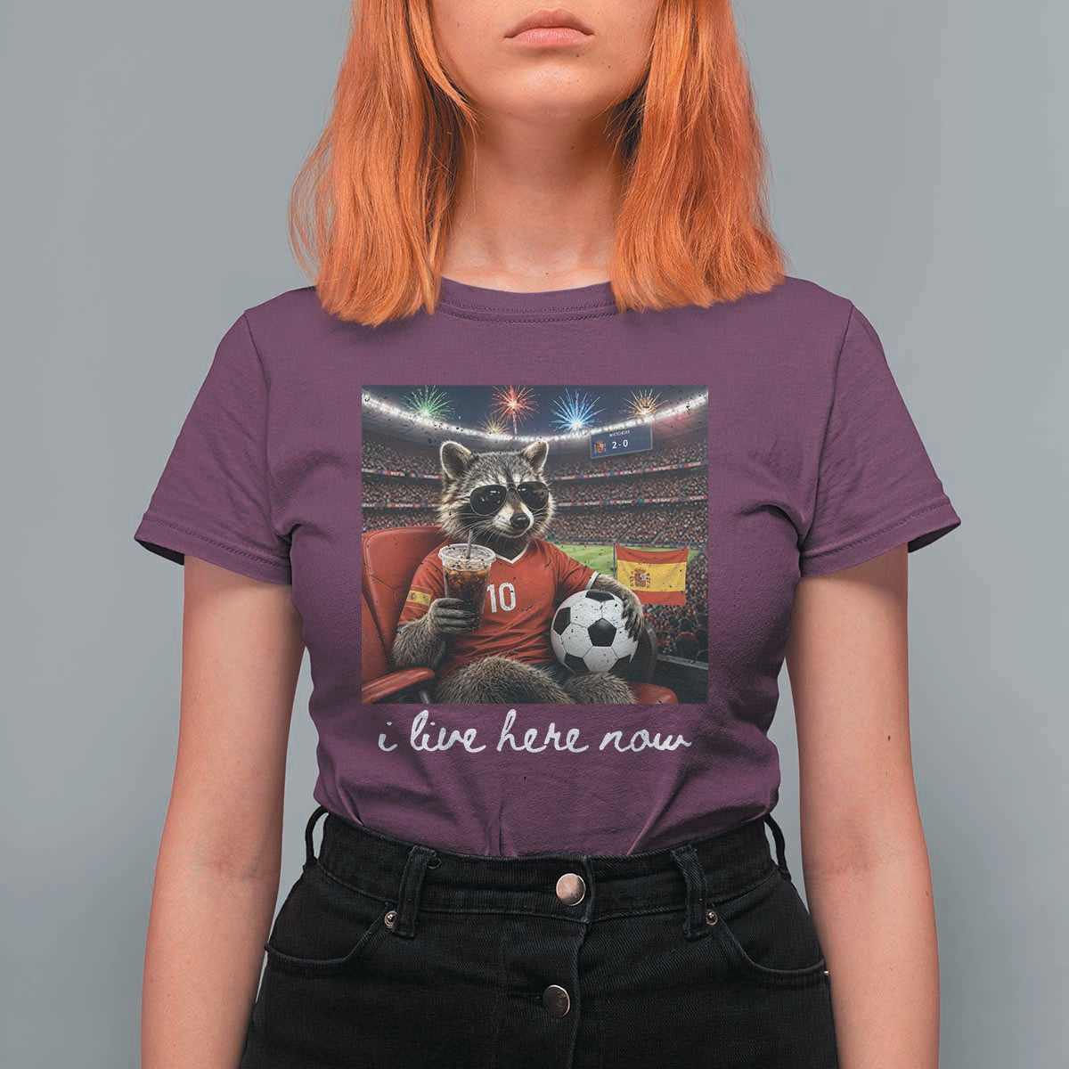 Espana Spain Soccer Football Fan Spanish Flag T Shirt For Women Funny Raccoon I Live Here Now