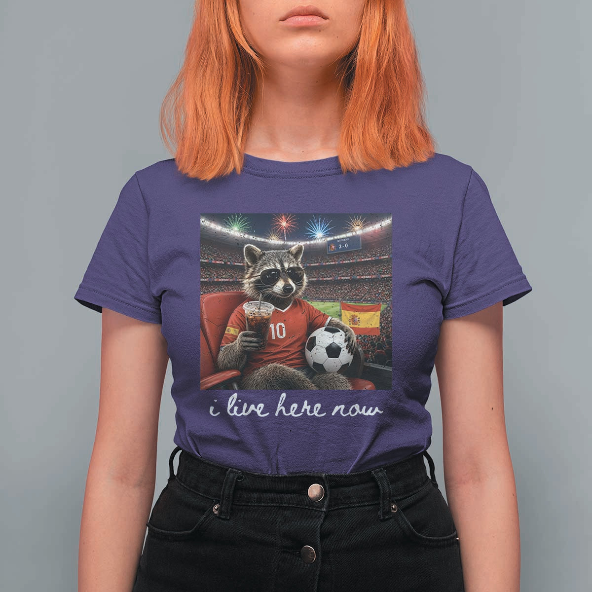 Espana Spain Soccer Football Fan Spanish Flag T Shirt For Women Funny Raccoon I Live Here Now