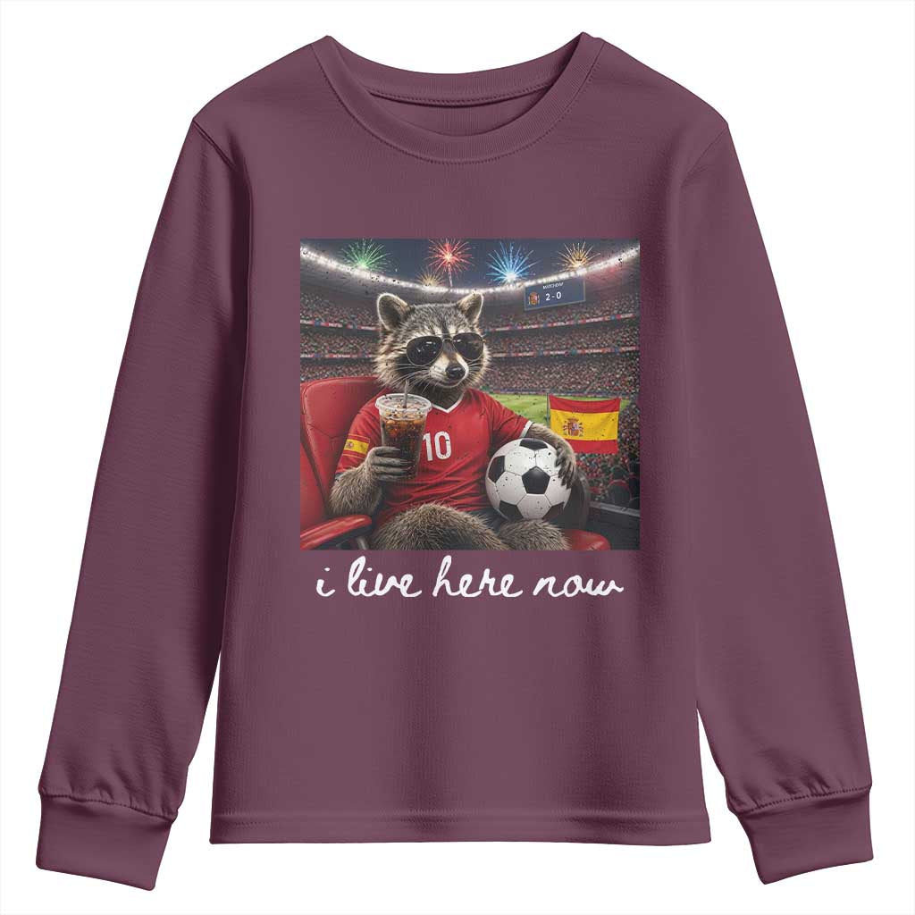 Espana Spain Soccer Football Fan Spanish Flag Youth Sweatshirt Funny Raccoon I Live Here Now