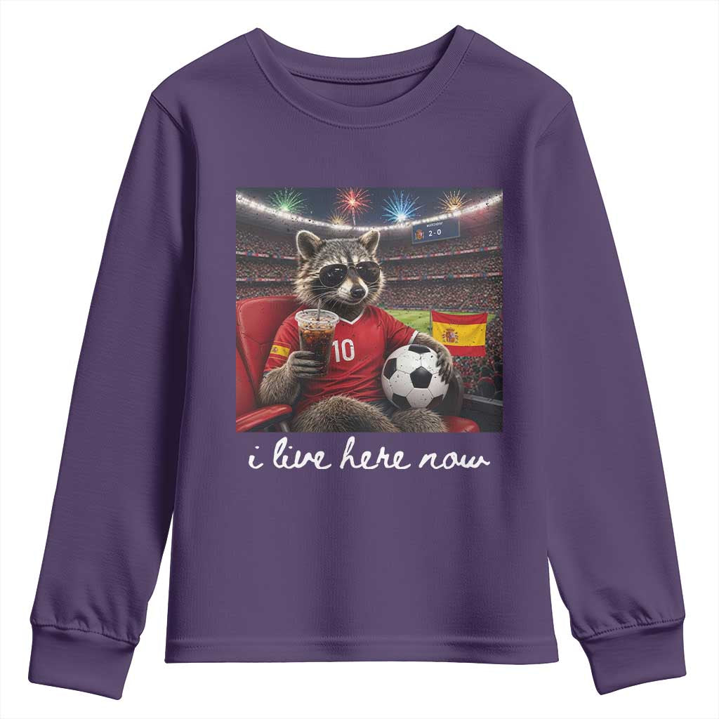 Espana Spain Soccer Football Fan Spanish Flag Youth Sweatshirt Funny Raccoon I Live Here Now