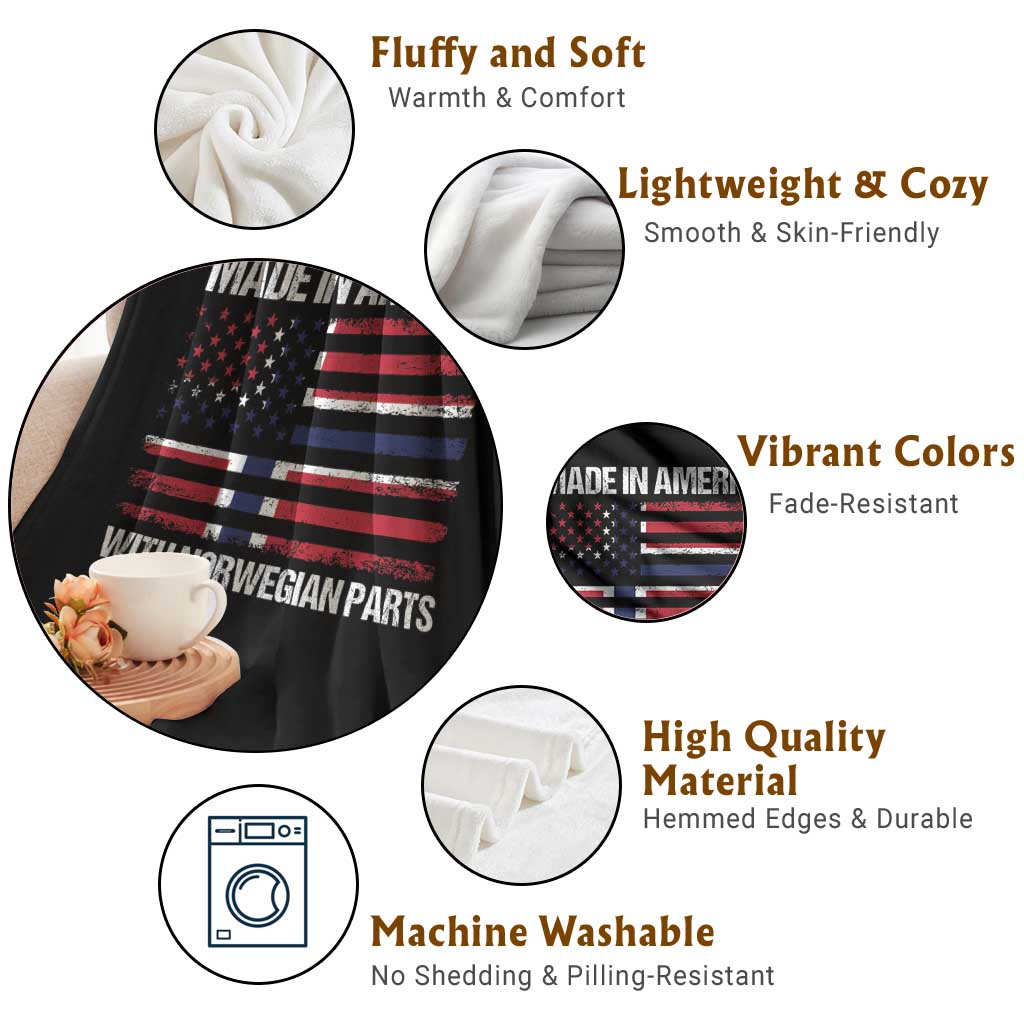 Made in America with Norwegian Parts Throw Blanket Half American Flag USA Norway Pride