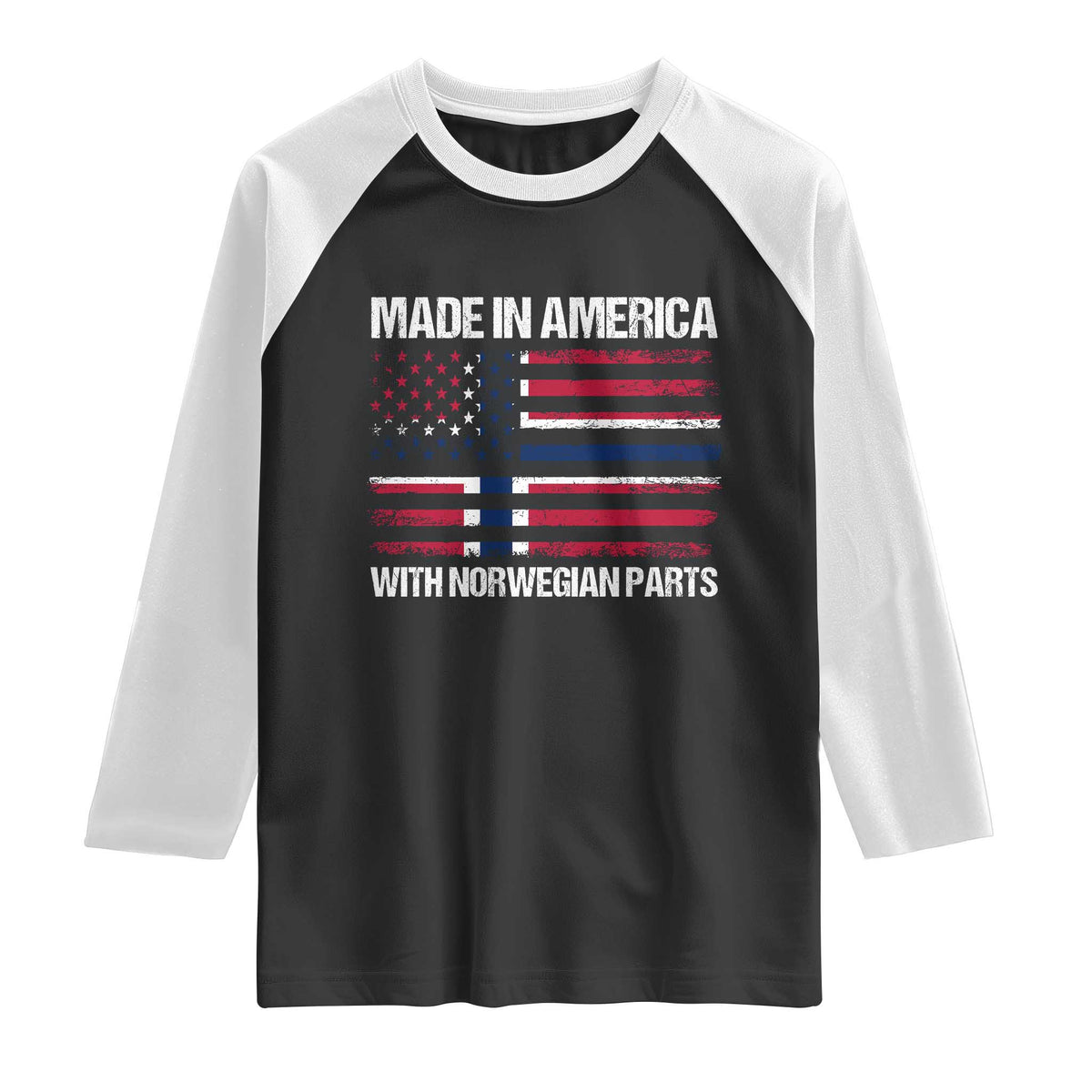 Made in America with Norwegian Parts Raglan Shirt Half American Flag USA Norway Pride