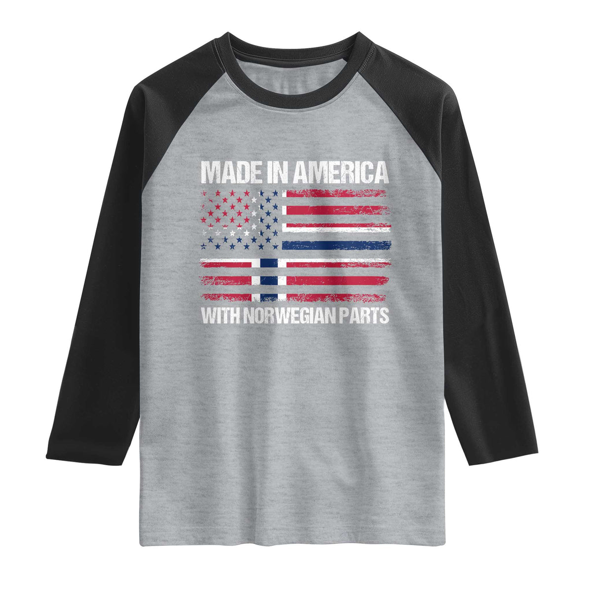 Made in America with Norwegian Parts Raglan Shirt Half American Flag USA Norway Pride