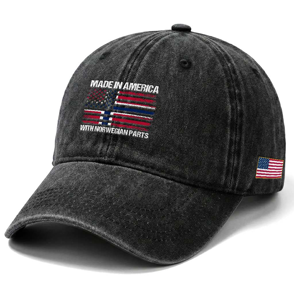 Made in America with Norwegian Parts Washed Cotton Baseball Cap Half American Flag USA Norway Pride