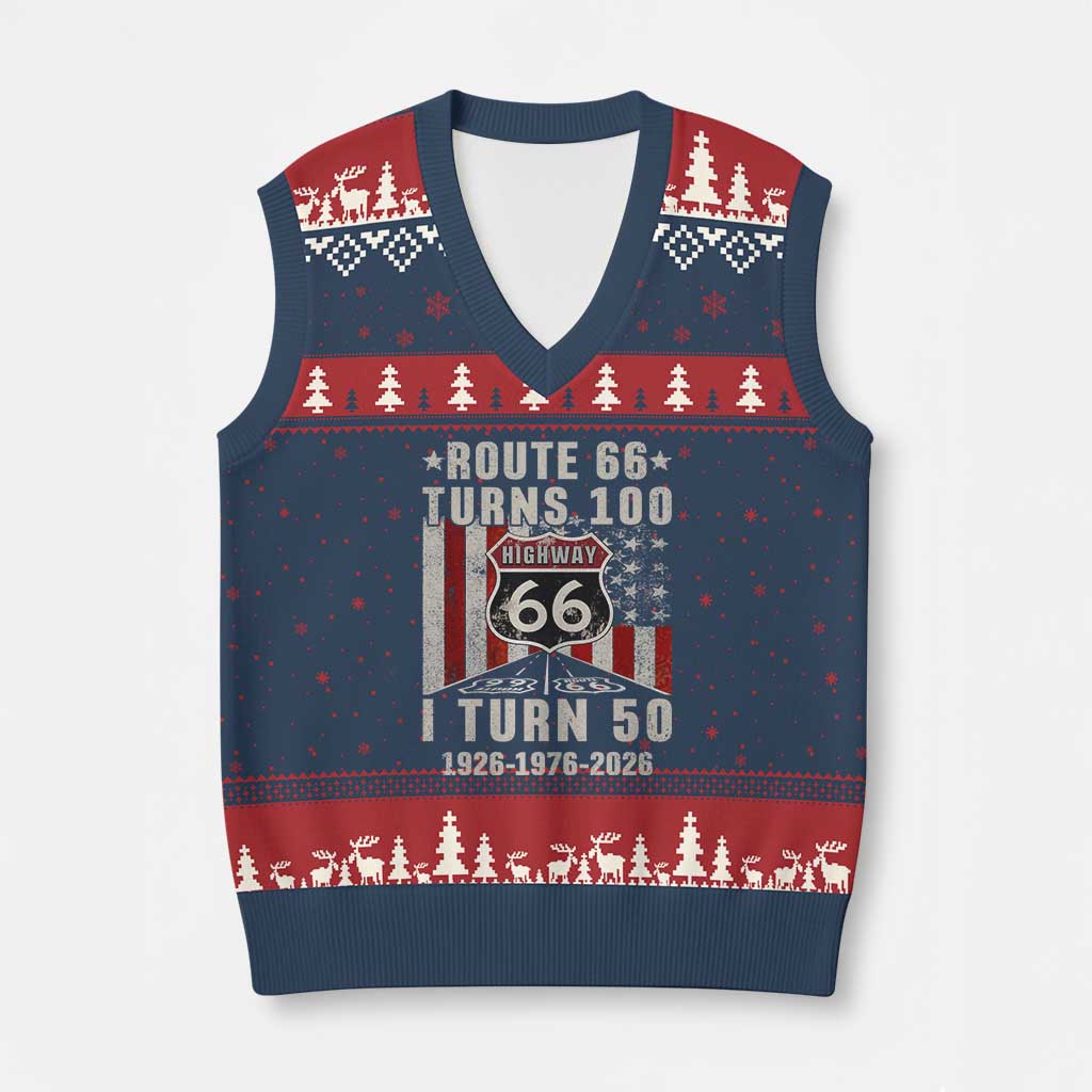 Highway 66 Turn 100 I Turn 50 V-Neck Knit Sweater Vest Vintage 1976 Born American Road Sign Centennial 2026