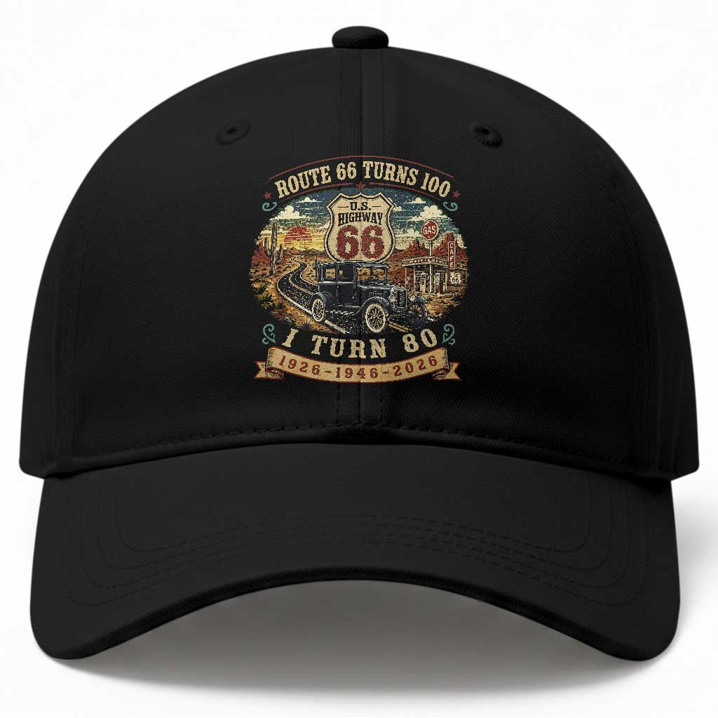 Route Highway 66 Turns 100 I Turn 80 Baseball Cap Vintage 1946 Road Sign Antique Car Lover 80th Birthday Gift