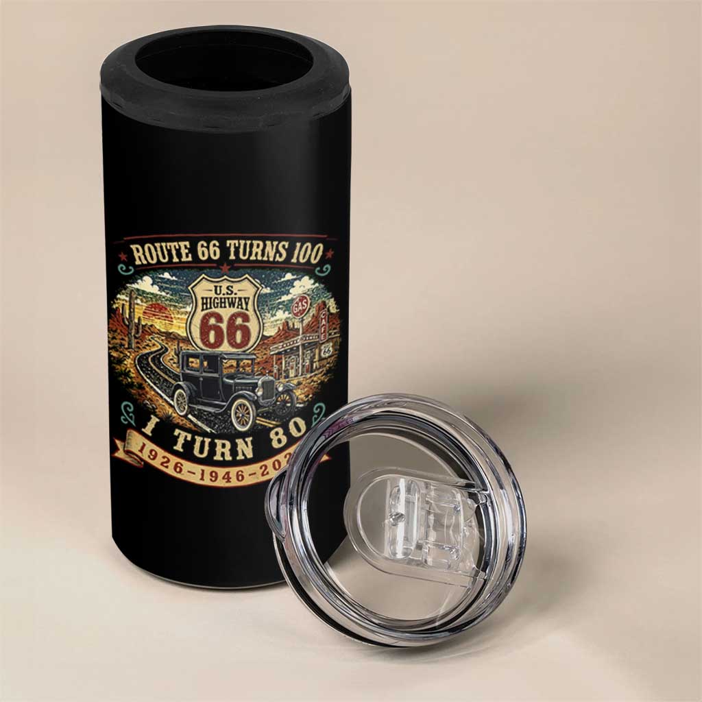 Route Highway 66 Turns 100 I Turn 80 4 in 1 Can Cooler Tumbler Vintage 1946 Road Sign Antique Car Lover 80th Birthday Gift