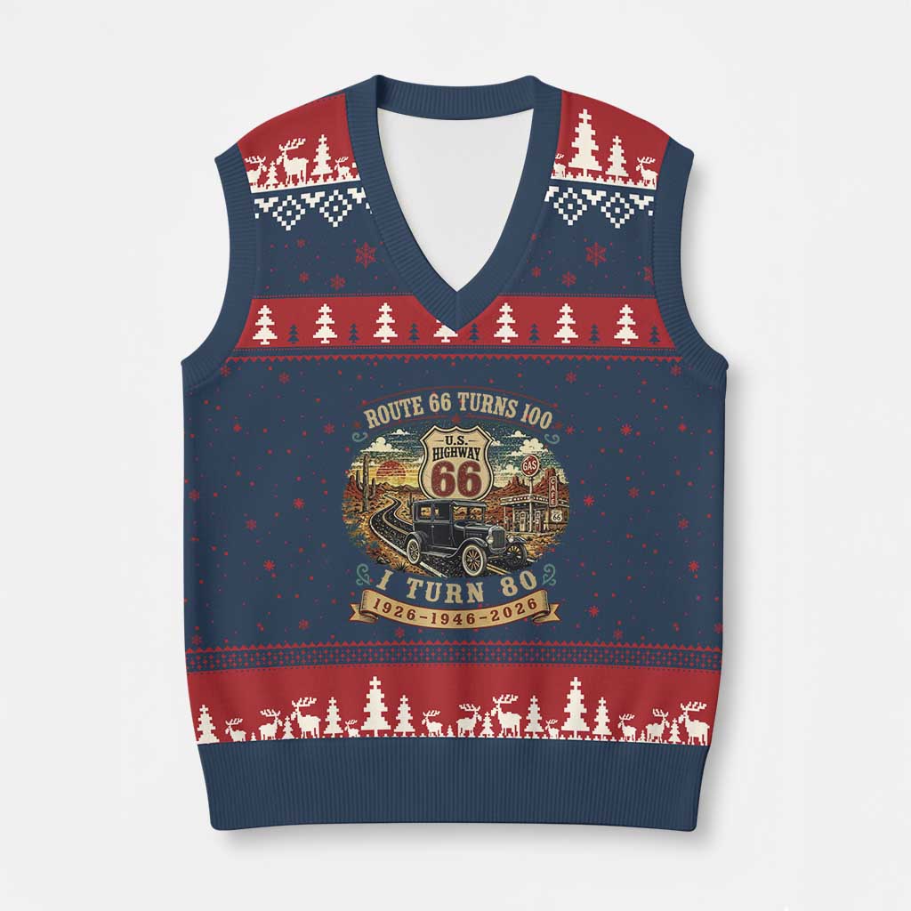Route Highway 66 Turns 100 I Turn 80 V-Neck Knit Sweater Vest Vintage 1946 Road Sign Antique Car Lover 80th Birthday Gift