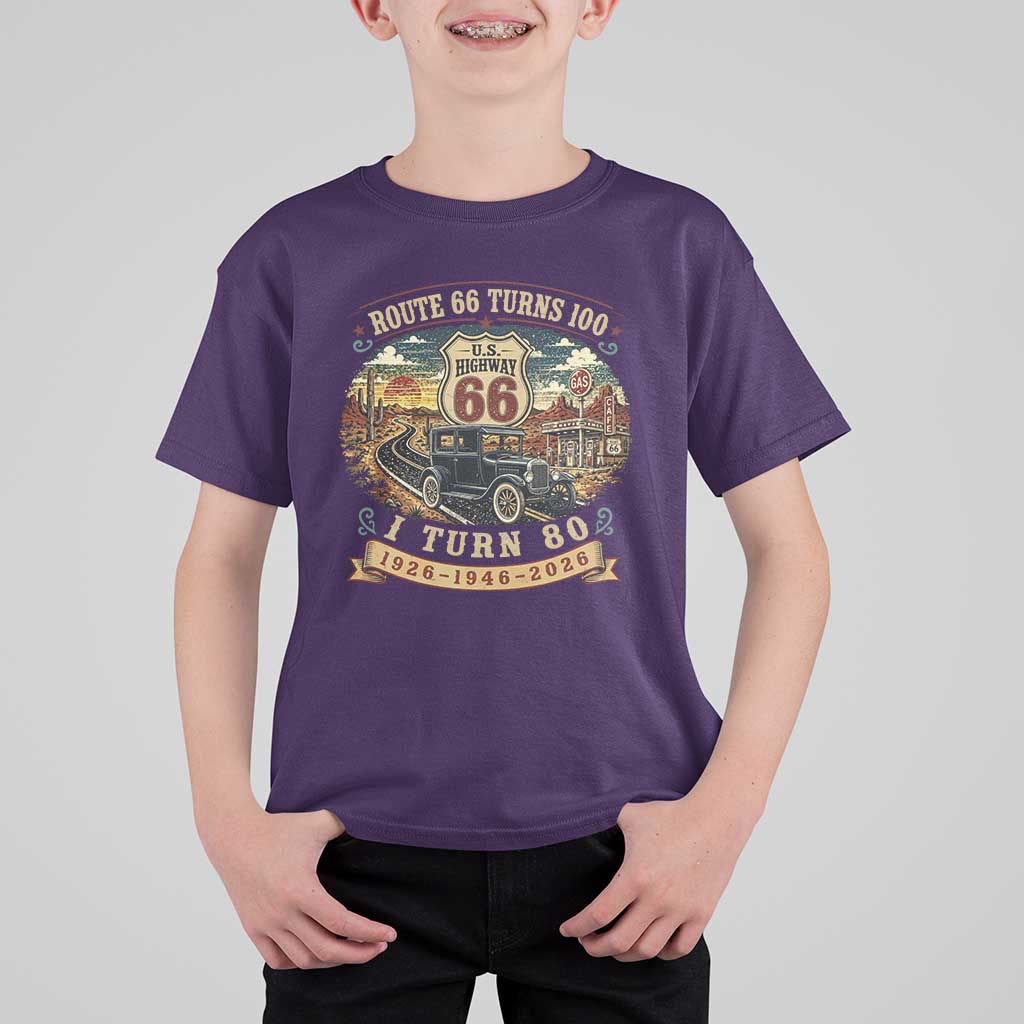 Route Highway 66 Turns 100 I Turn 80 T Shirt For Kid Vintage 1946 Road Sign Antique Car Lover 80th Birthday Gift
