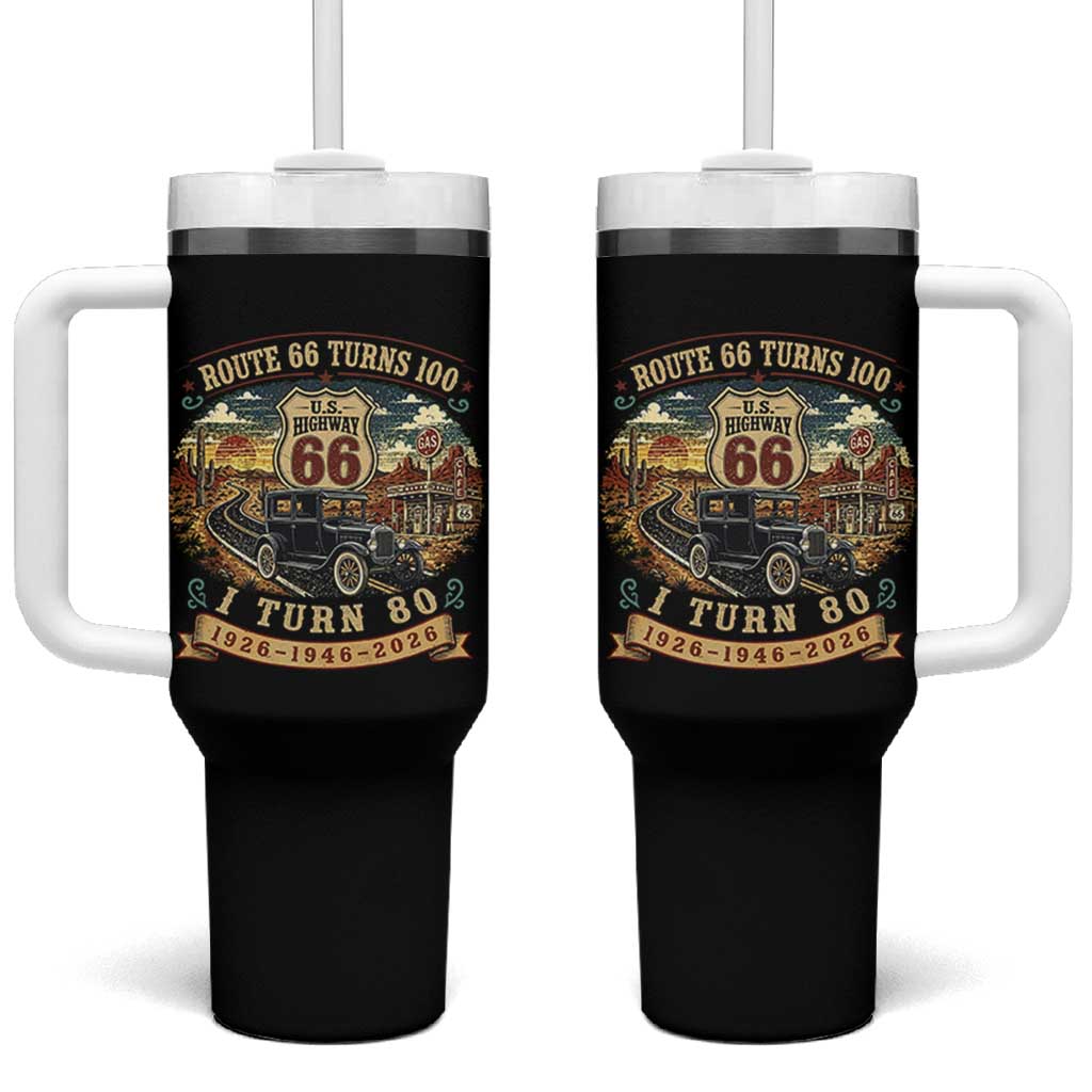 Route Highway 66 Turns 100 I Turn 80 Tumbler With Handle Vintage 1946 Road Sign Antique Car Lover 80th Birthday Gift