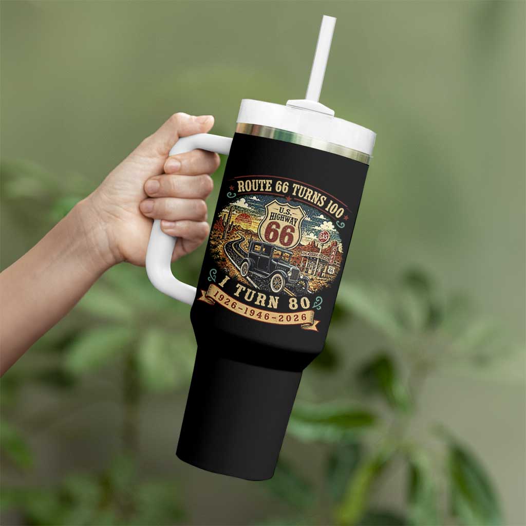 Route Highway 66 Turns 100 I Turn 80 Tumbler With Handle Vintage 1946 Road Sign Antique Car Lover 80th Birthday Gift
