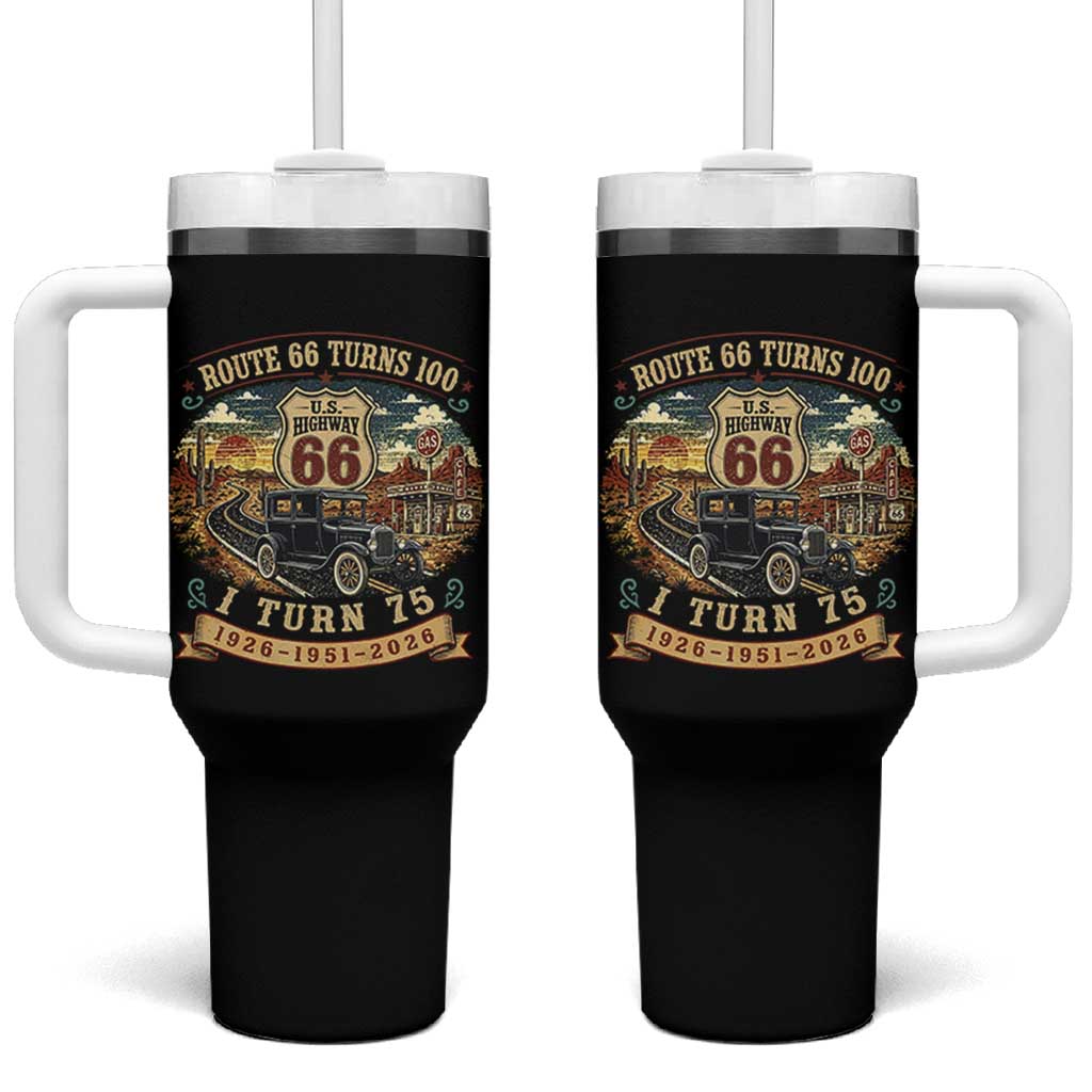 Route Highway 66 Turns 100 I Turn 75 Tumbler With Handle Vintage 1951 Road Sign Antique Car Lover 75th Birthday Gift