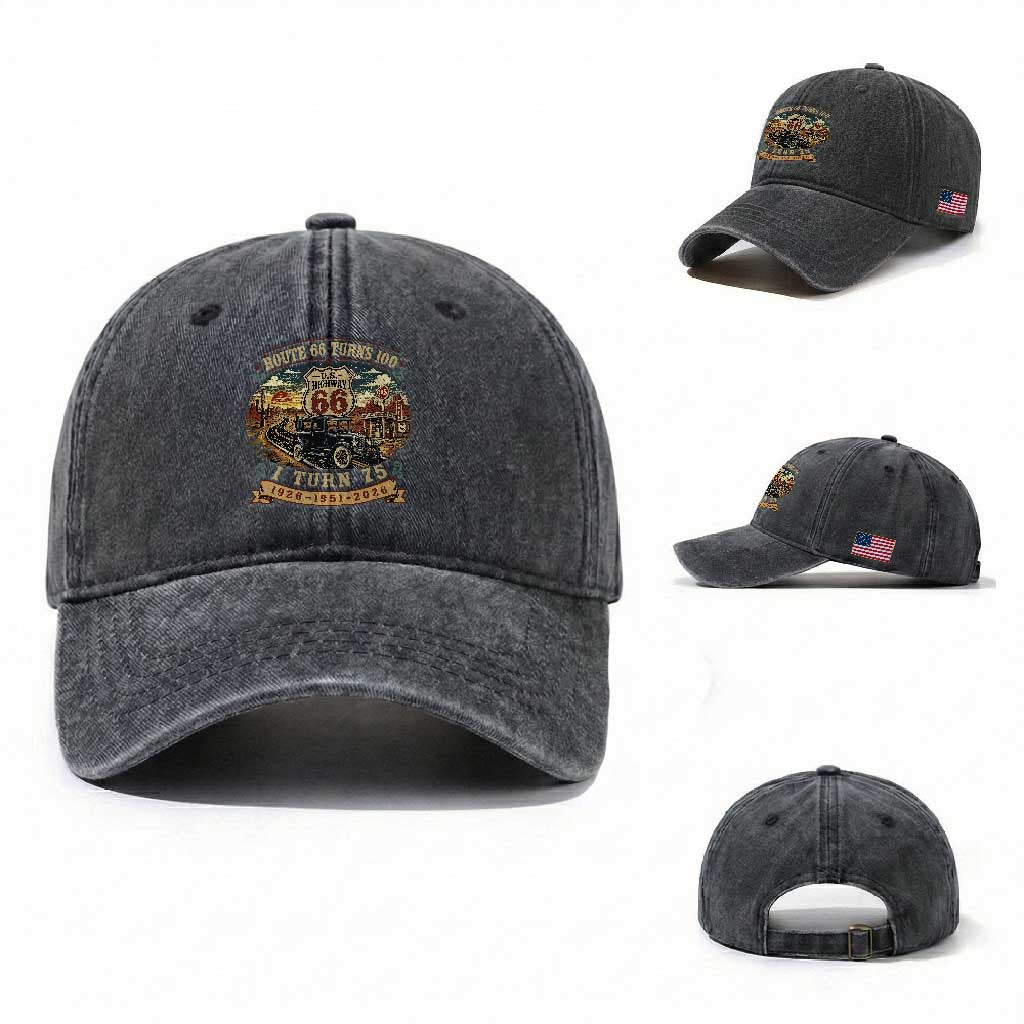 Route Highway 66 Turns 100 I Turn 75 Washed Cotton Baseball Cap Vintage 1951 Road Sign Antique Car Lover 75th Birthday Gift