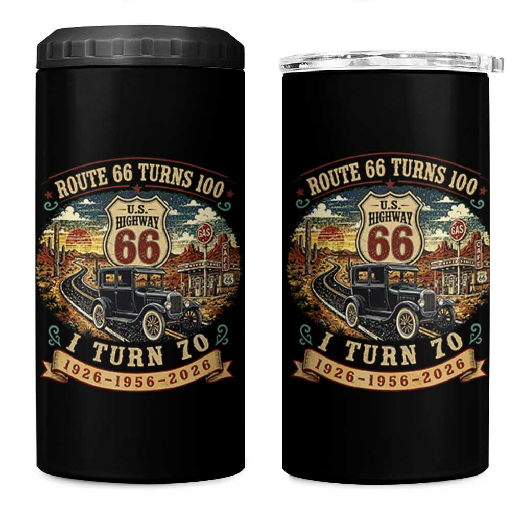 Route Highway 66 Turns 100 I Turn 70 4 in 1 Can Cooler Tumbler Vintage 1956 Road Sign Antique Car Lover 70th Birthday Gift