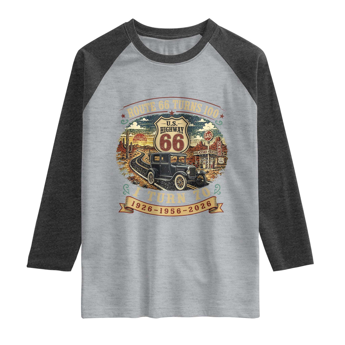 Route Highway 66 Turns 100 I Turn 70 Raglan Shirt Vintage 1956 Road Sign Antique Car Lover 70th Birthday Gift