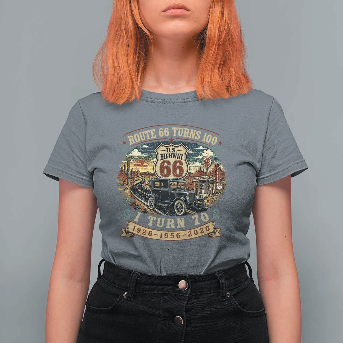 Route Highway 66 Turns 100 I Turn 70 T Shirt For Women Vintage 1956 Road Sign Antique Car Lover 70th Birthday Gift
