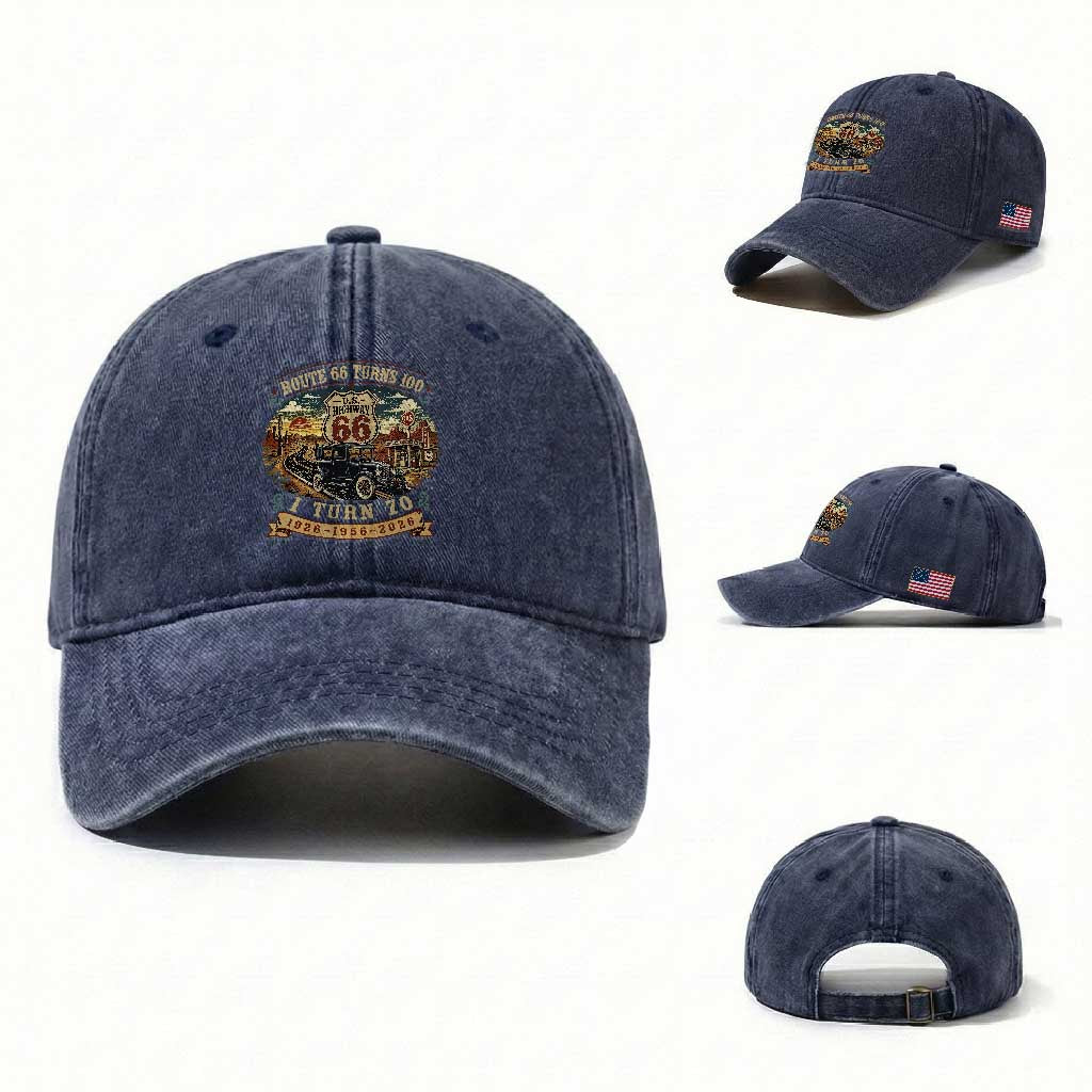 Route Highway 66 Turns 100 I Turn 70 Washed Cotton Baseball Cap Vintage 1956 Road Sign Antique Car Lover 70th Birthday Gift