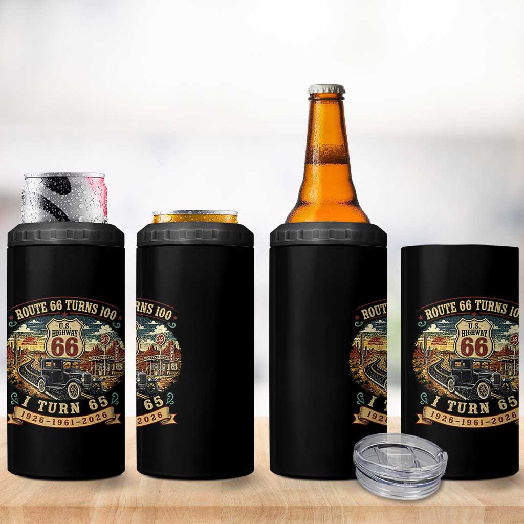 Route Highway 66 Turns 100 I Turn 65 4 in 1 Can Cooler Tumbler Vintage 1961 Road Sign Antique Car Lover 65th Birthday Gift