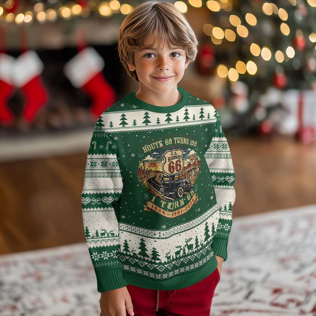 Route Highway 66 Turns 100 I Turn 65 Ugly Christmas Sweater Vintage 1961 Road Sign Antique Car Lover 65th Birthday Gift