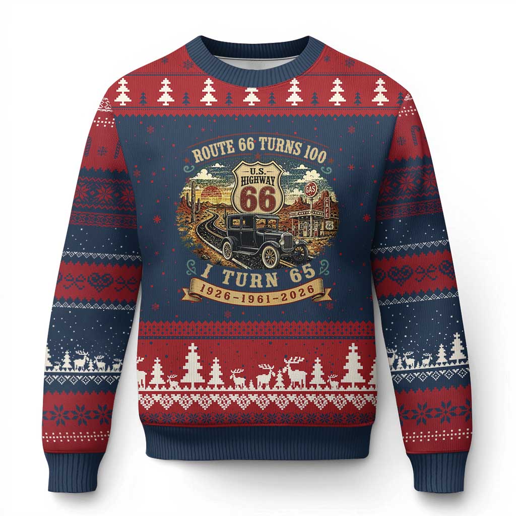 Route Highway 66 Turns 100 I Turn 65 Ugly Christmas Sweater Vintage 1961 Road Sign Antique Car Lover 65th Birthday Gift