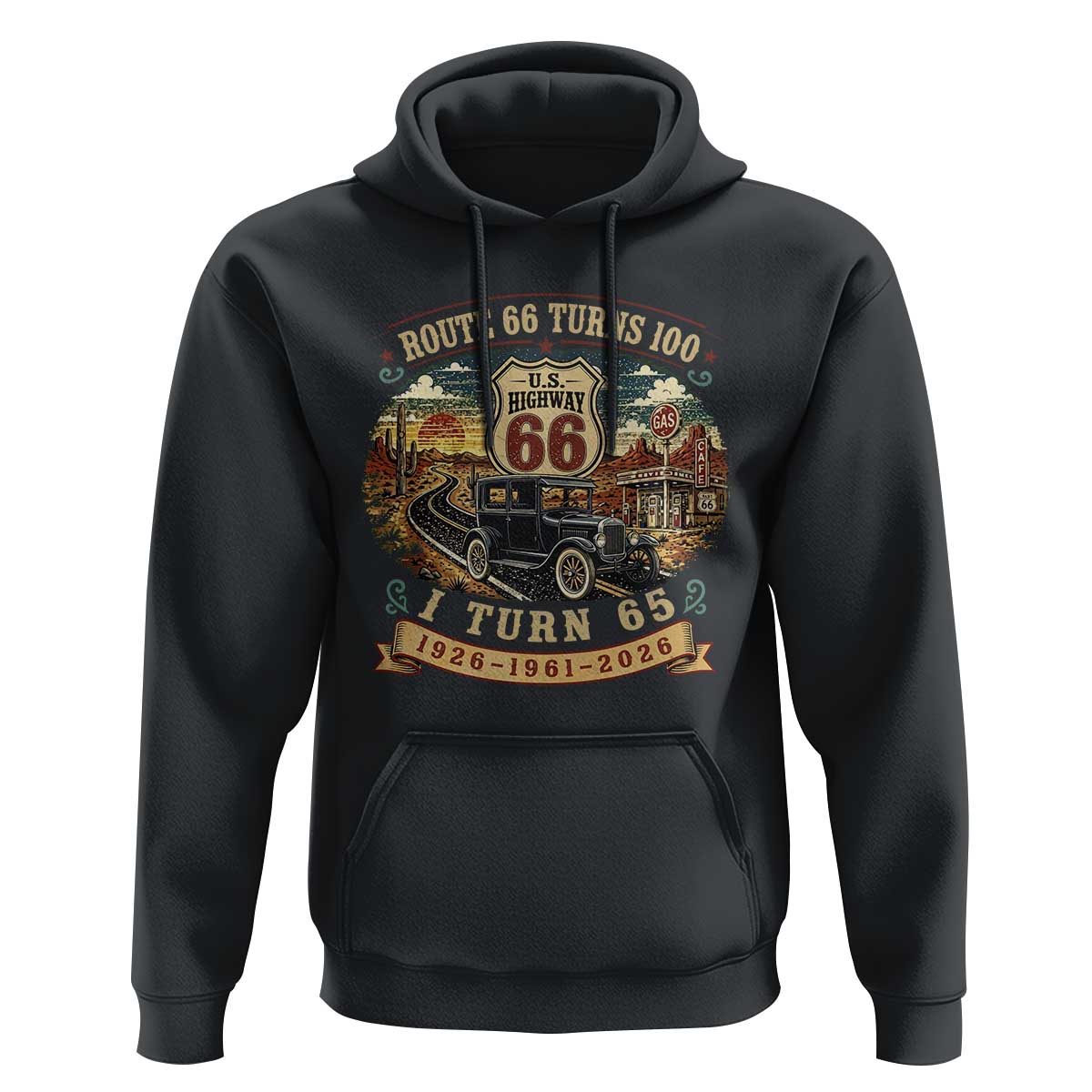 Route Highway 66 Turns 100 I Turn 65 Hoodie Vintage 1961 Road Sign Antique Car Lover 65th Birthday Gift