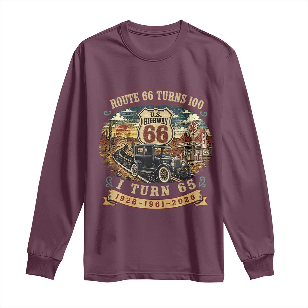 Route Highway 66 Turns 100 I Turn 65 Long Sleeve Shirt Vintage 1961 Road Sign Antique Car Lover 65th Birthday Gift