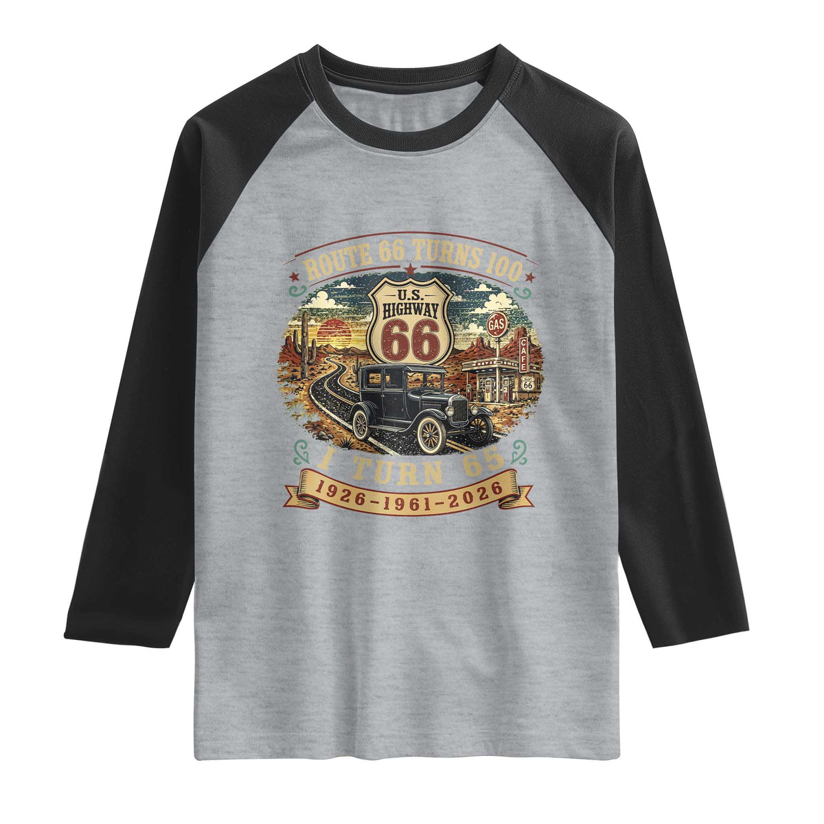 Route Highway 66 Turns 100 I Turn 65 Raglan Shirt Vintage 1961 Road Sign Antique Car Lover 65th Birthday Gift