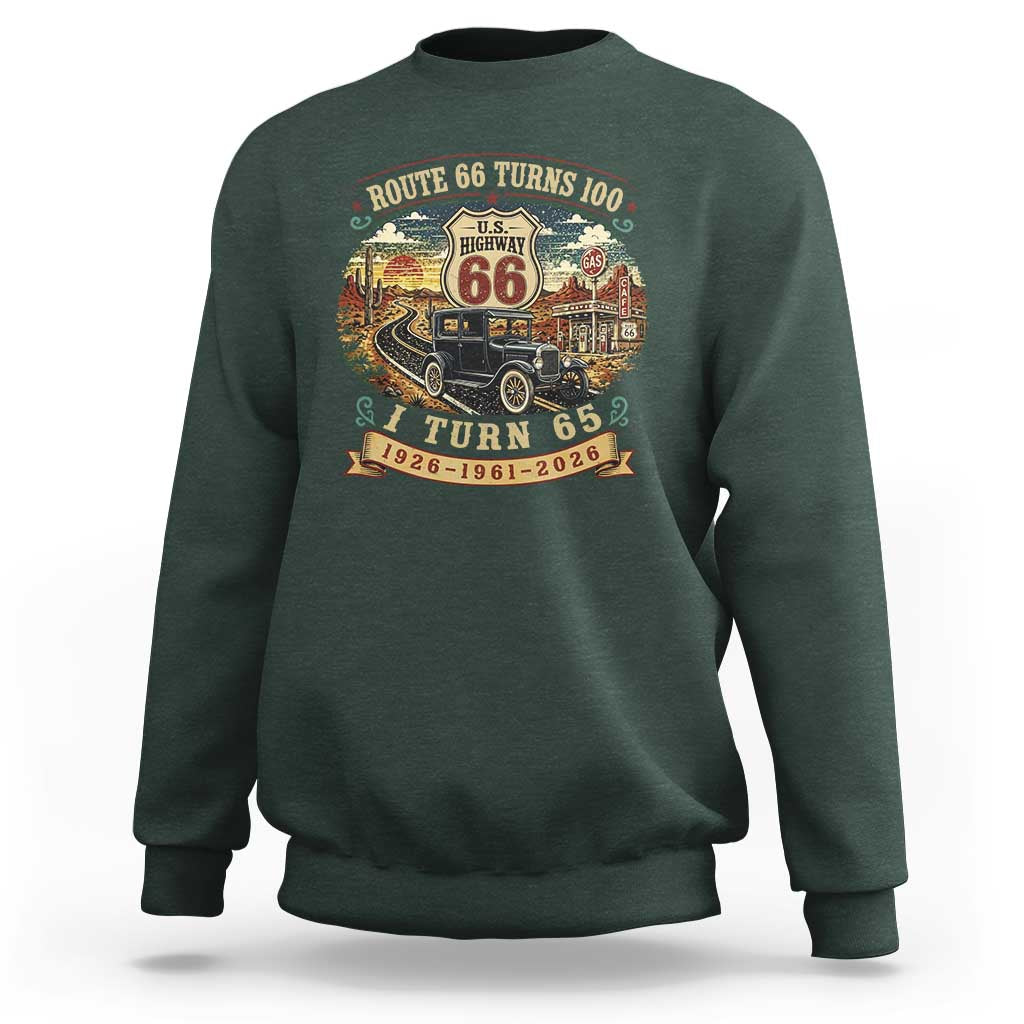 Route Highway 66 Turns 100 I Turn 65 Sweatshirt Vintage 1961 Road Sign Antique Car Lover 65th Birthday Gift